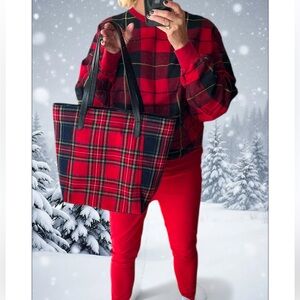 J. Jill Red Plaid Wool Tote Bag